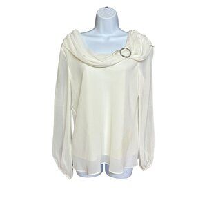 Metaphor Off White Crepe Draped Neck Fancy Blouse Size L